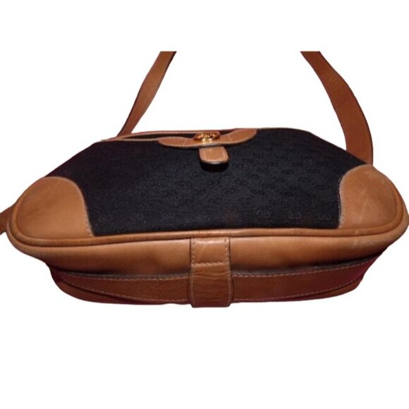 Gucci Vintage Black Canvas HOBO Logo Print Camel Leather - Picture 4 of 5